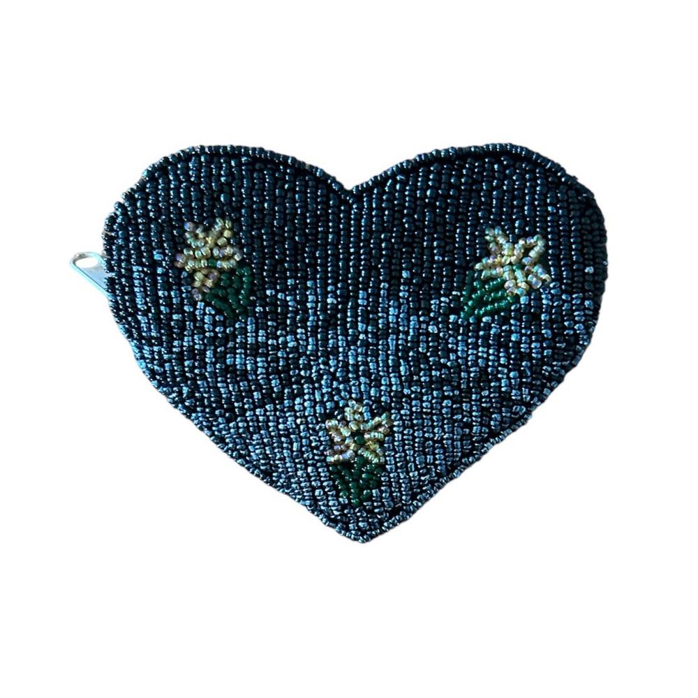 Vintage - Heart shaped floral beaded zippered coin purse (Made in India)